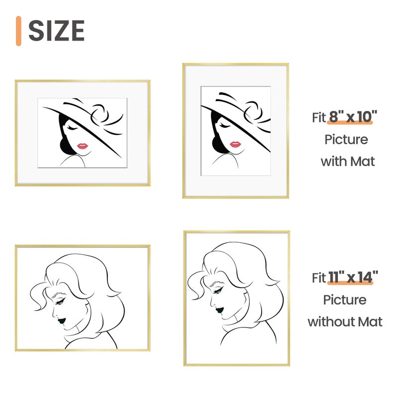 upsimples Aluminum 11x14 Picture Frame Gold, Display Photo 8x10 with Mat or 11 x 14 without Mat, Wall Hanging Metal Poster Frame with Acrylic Cover, 1 Pack - Image 3