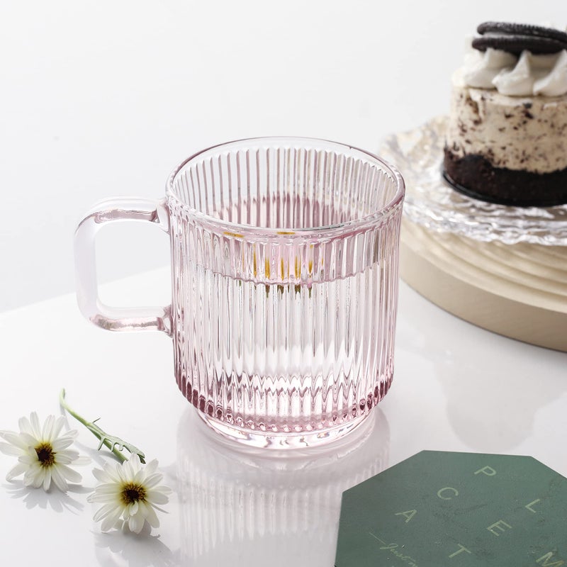 Lysenn Pink Glass Coffee Mug with Lid - Premium Classical Vertical Stripes Glass Tea Cup - for |Latte|Tea|Chocolate|Juice|Water| - Unleaded - Bamboo Lid - 12.5 Ounces - Image 2