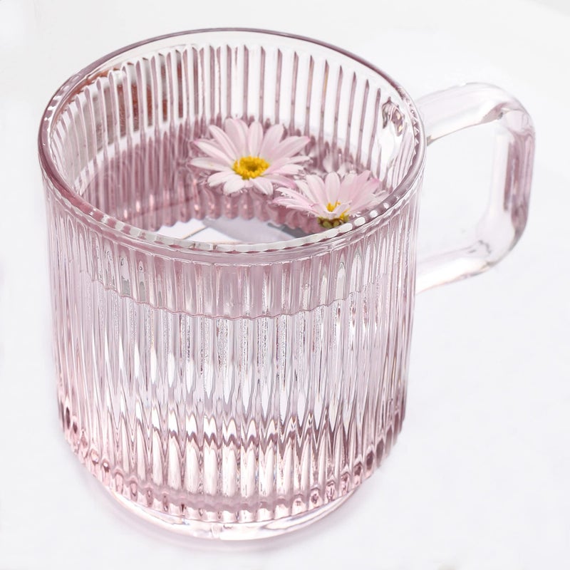 Lysenn Pink Glass Coffee Mug with Lid - Premium Classical Vertical Stripes Glass Tea Cup - for |Latte|Tea|Chocolate|Juice|Water| - Unleaded - Bamboo Lid - 12.5 Ounces - Image 1