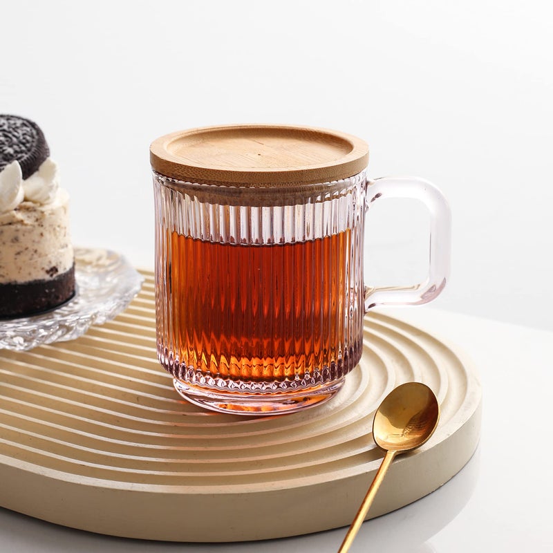 Lysenn Pink Glass Coffee Mug with Lid - Premium Classical Vertical Stripes Glass Tea Cup - for |Latte|Tea|Chocolate|Juice|Water| - Unleaded - Bamboo Lid - 12.5 Ounces - Image 5