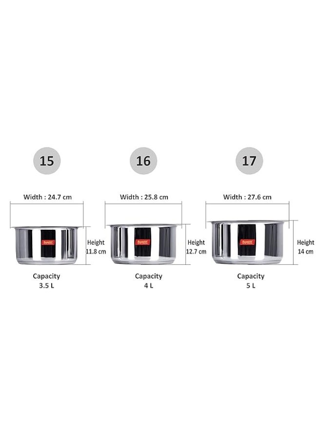 Sumeet Big & Large Size S.S. Mirror Induction Stainless Steel Bottom Container/Tope/Cookware with Lid Set of 3 Pc. Size No.15 (3.5 Ltr), Size No. 16 (4 Ltr), Size No. 17 | 5 liter - Image 4