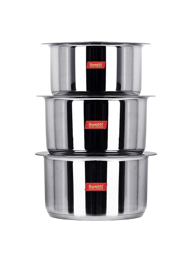 Sumeet Big & Large Size S.S. Mirror Induction Stainless Steel Bottom Container/Tope/Cookware with Lid Set of 3 Pc. Size No.15 (3.5 Ltr), Size No. 16 (4 Ltr), Size No. 17 | 5 liter - Image 1