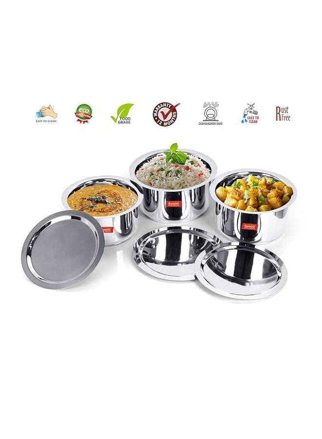 Sumeet Big & Large Size S.S. Mirror Induction Stainless Steel Bottom Container/Tope/Cookware with Lid Set of 3 Pc. Size No.15 (3.5 Ltr), Size No. 16 (4 Ltr), Size No. 17 | 5 liter - Image 3