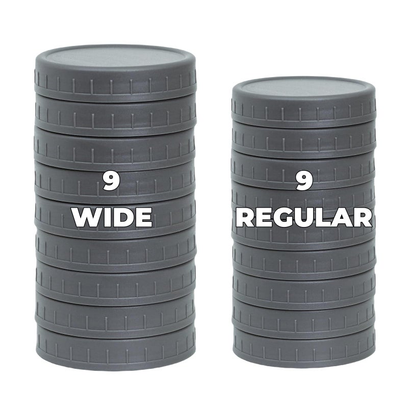 Bedgeta 18 Pack 9 Wide Mouth  9 Regular Mouth Mason Jar Lids with Silicone RingsThickened Leakproof Lids Fit BallKerr and More 86mm  70mm PlasticGrey