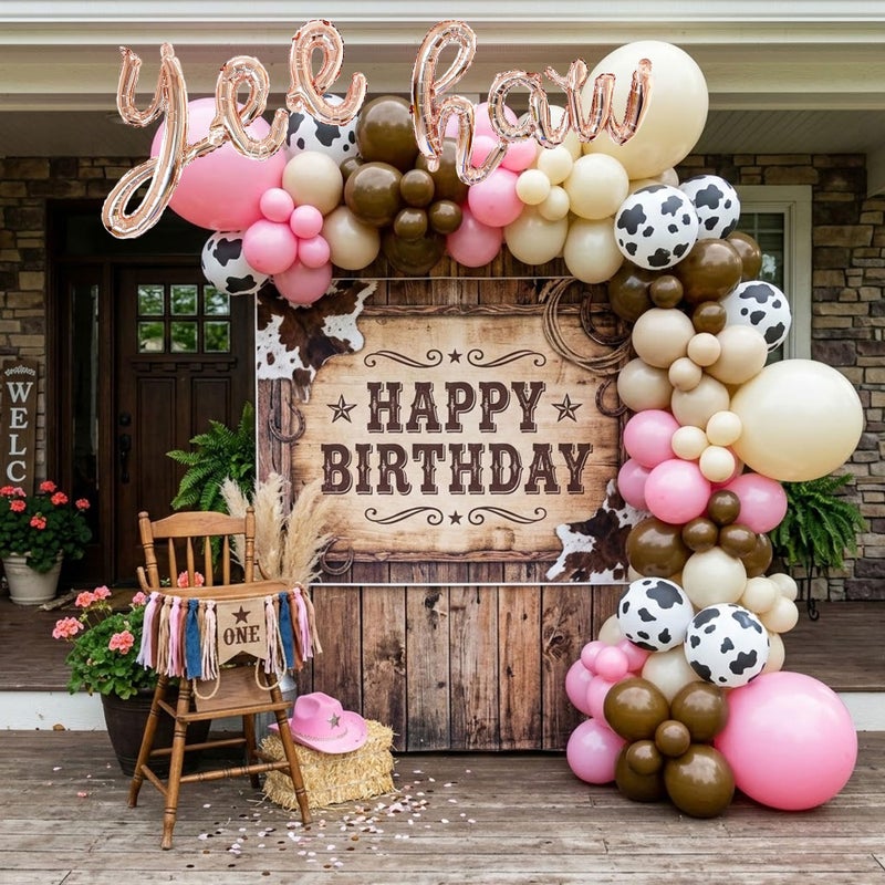 Ceeulvu Cowgirl Balloon Arch Kit, Brown Pink Ivory White Cow Print Balloons with "Yee Haw" Letter Balloons for Redeo Themed Party Decorations, Western Balloon Garland - Image 3