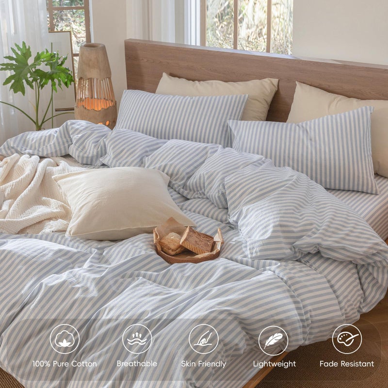 MooMee Striped Duvet Cover Set 100% Washed Cotton Linen Like Textured Breathable Durable Soft Comfy (Cornflower Blue White Classic Stripes, Full 80"x90") - Image 3