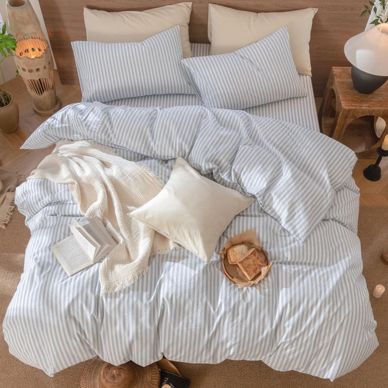 MooMee Striped Duvet Cover Set 100% Washed Cotton Linen Like Textured Breathable Durable Soft Comfy (Cornflower Blue White Classic Stripes, Full 80"x90") - Image 5