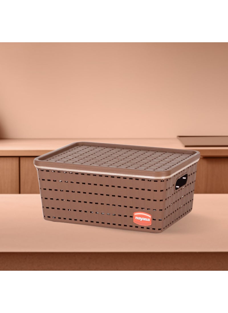 NAYASA Nayasa Gloria Basket | Medium | Plastic Basket With Lid | Multipurpose Basket With Lid | Organizer Basket With Lid | Brown  - Image 2