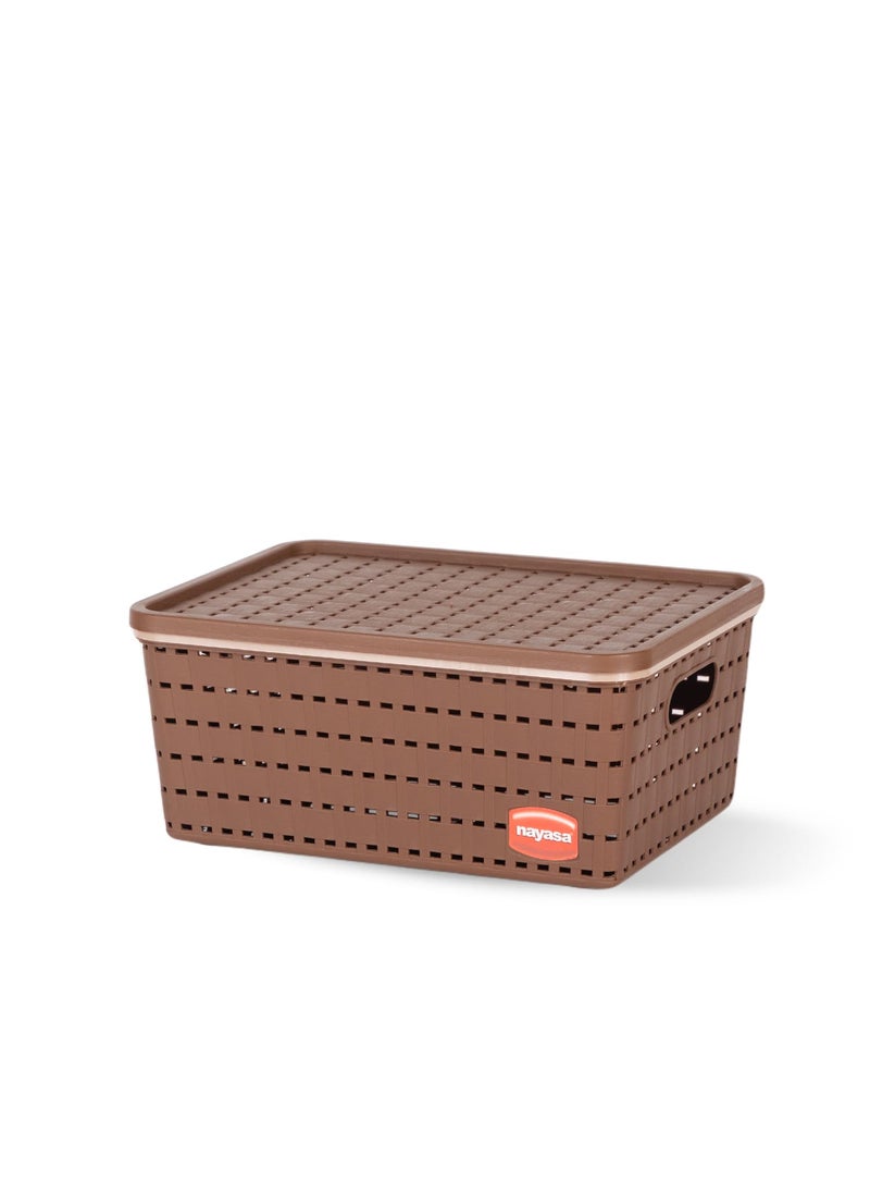 NAYASA Nayasa Gloria Basket | Medium | Plastic Basket With Lid | Multipurpose Basket With Lid | Organizer Basket With Lid | Brown  - Image 1