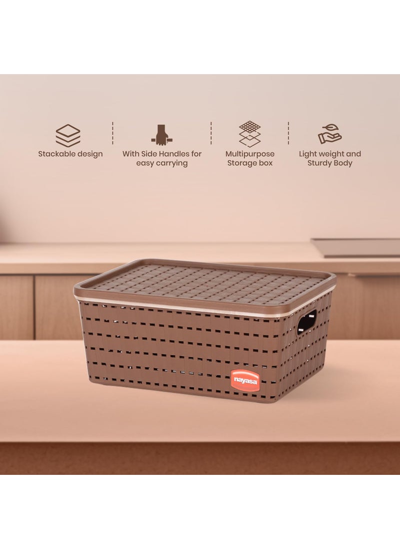 NAYASA Nayasa Gloria Basket | Medium | Plastic Basket With Lid | Multipurpose Basket With Lid | Organizer Basket With Lid | Brown  - Image 4