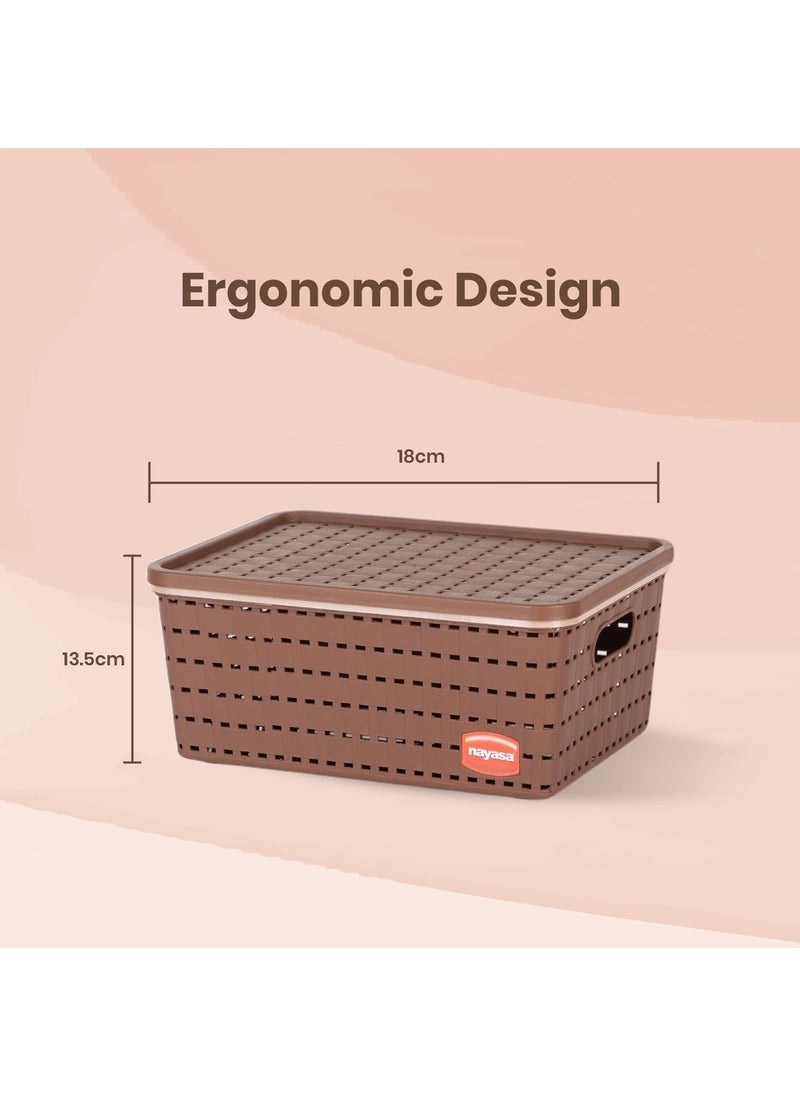 NAYASA Nayasa Gloria Basket | Medium | Plastic Basket With Lid | Multipurpose Basket With Lid | Organizer Basket With Lid | Brown  - Image 3