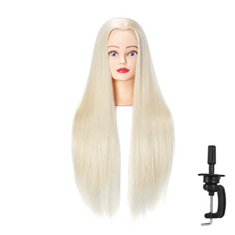 Hairingrid 26-28 Mannequin Head Hair Styling Training Head Manikin Cosmetology Doll Head Synthetic Fiber Hair and Free Clamp Holder Blonde Styling Training Head Manikin Cosmetology Practice Doll Head Hairdresser Training Head for Braiding Hair with Clamp Holder - Image 1