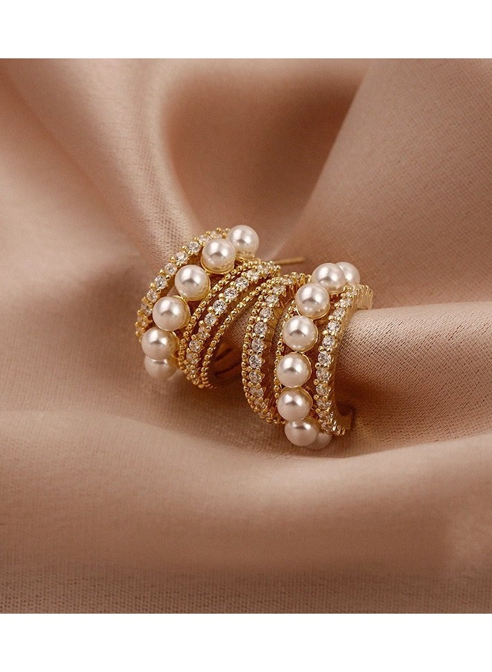 Pearl Hoop Earrings Ins Luxury Stylish Diamond Ear Studs S925 Silver Needle for Women Girls Gold - Image 1