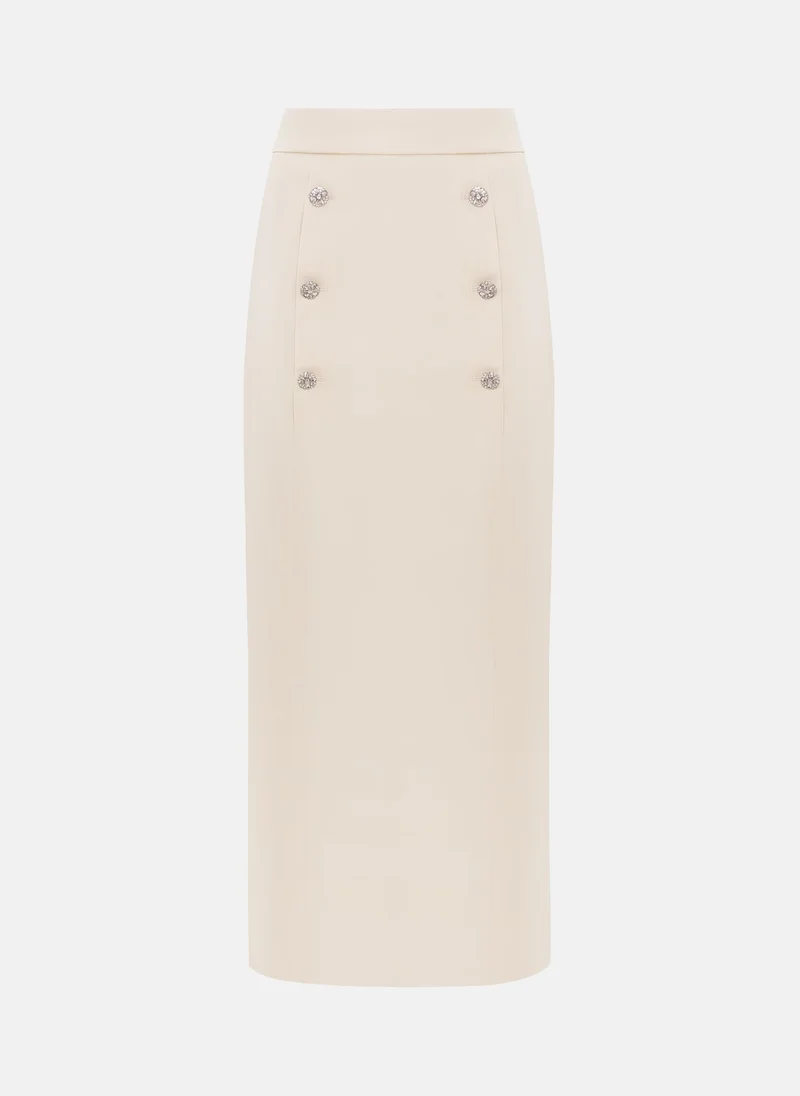 ليتشي تنورة ميدي مستقيمة مع أزرار من أحجار الراين