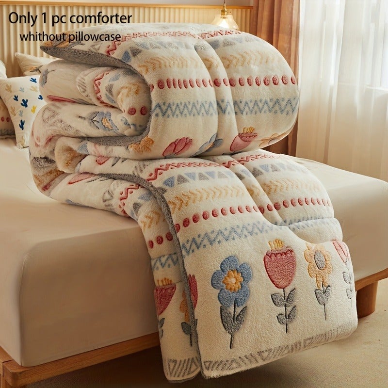 Cozy Boho Floral Snowflake Velvet Comforter - Soft, Skin-Friendly & Quilted for All Seasons - Machine Washable, Fade-Resistant Thick Bedding for Bedroom & Guest Room, Christmas Present - Image 1