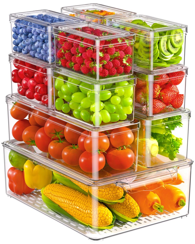حزمة كيميثي 11 من منظمات الثلاجة وصناديق التخزين القابلة للتكديس خالية من BPA حاويات تخزين الفواكه البلاستيكية الشفافة للثلاجة والمطبخ والفواكه والمشروبات والمنتجات والخضروات