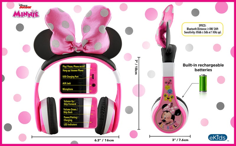 eKids Minnie Mouse Kids Bluetooth Headphones, Wireless with Microphone Includes Aux Cord, Volume Reduced Foldable Headphones for School, Home, or Travel, Pink - Image 4