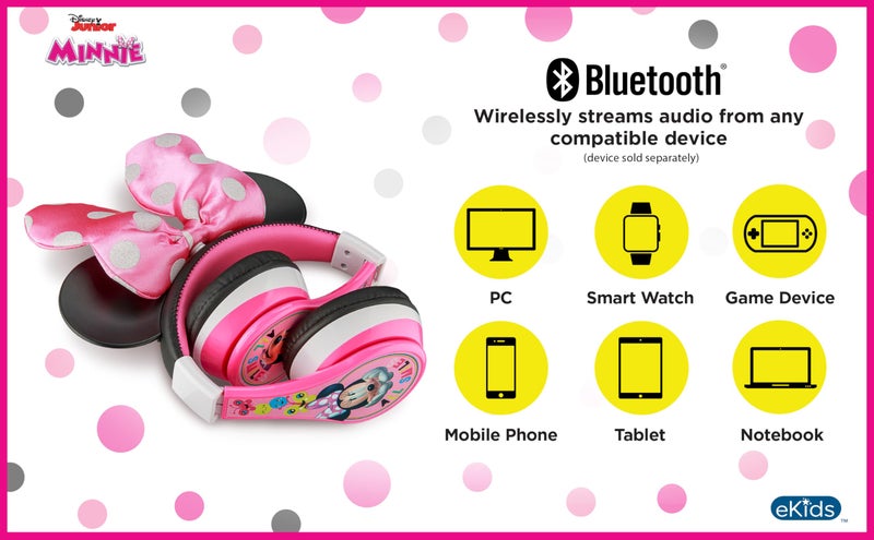 eKids Minnie Mouse Kids Bluetooth Headphones, Wireless with Microphone Includes Aux Cord, Volume Reduced Foldable Headphones for School, Home, or Travel, Pink - Image 3