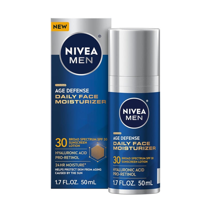 NIVEA MEN Age Defense Daily Face Moisturizer with Broad Spectrum SPF 30 Sunscreen ProRetinol and Hyaluronic Acid BeardFriendly Face Lotion Helps Defend Against UVAUVB Rays 17 Fl Oz Bottle