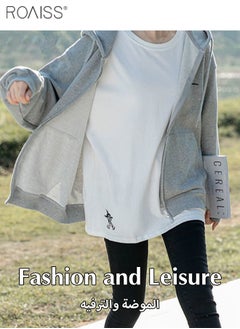 roaiss Women's Casual Zippered Hooded Jacket Classic Loose Fitting Long Sleeved Top Fashion Versatile Coat  - Image 3