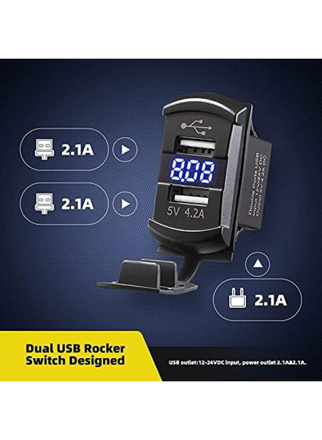 شاحن سيارة 4.2 أمبير بمنفذ USB مزدوج ومقبس محول على طراز الروك وحامل شحن سريع مقاوم للماء مع الفولتميتر الرقمي LED الأزرق للوحة المفاتيح البحرية الروك على متن قارب RV إلخ - Image 4