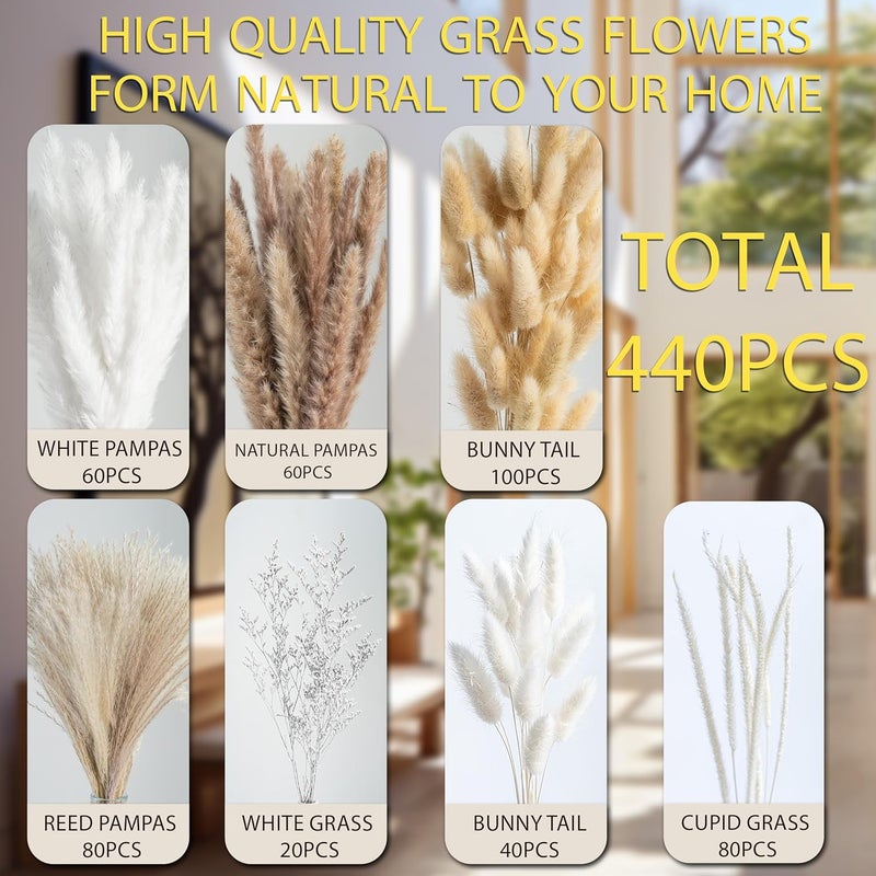 FloraDream 440PCS Natural Pampas Grass Decor Bouquet | Boho Dried Floral Arrangement Centerpiece Table Decor Wedding Decor Rustic Decor (440PCS) - Image 5