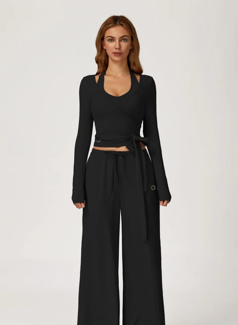 KAWN.YOGA Licorice Black 2 Piece Set Including a V-Neck Halter Bra And A Long-Sleeve Crop Top for Women | Best Price UAE