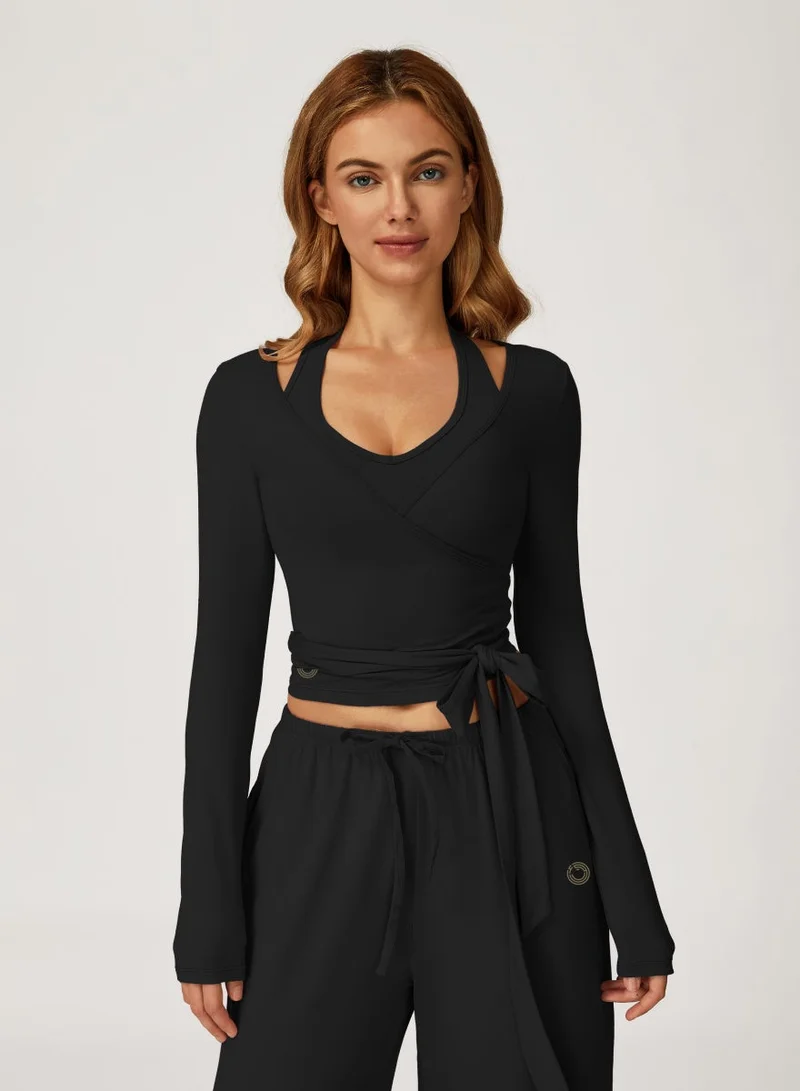 KAWN.YOGA Licorice Black 2 Piece Set Including a V-Neck Halter Bra And A Long-Sleeve Crop Top for Women | Best Price UAE