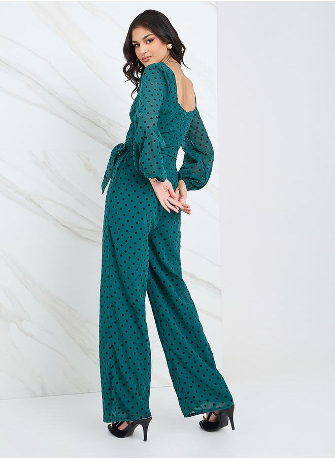 Styli - Sweetheart Neck Flocked Wide Leg Jumpsuit - Image 1
