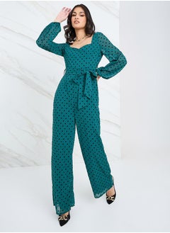 Sweetheart Neck Flocked Wide Leg Jumpsuit