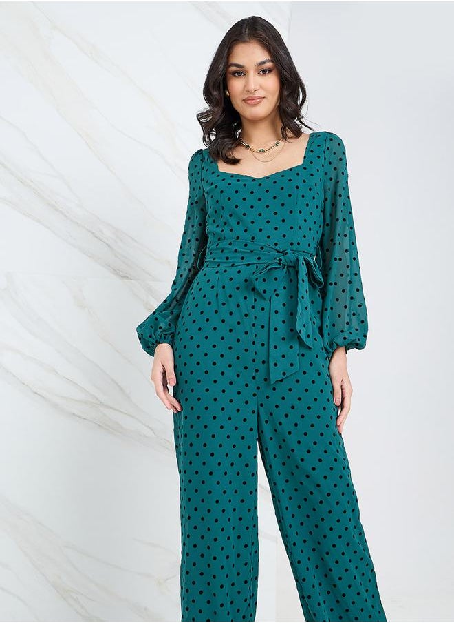 Styli - Sweetheart Neck Flocked Wide Leg Jumpsuit - Image 1