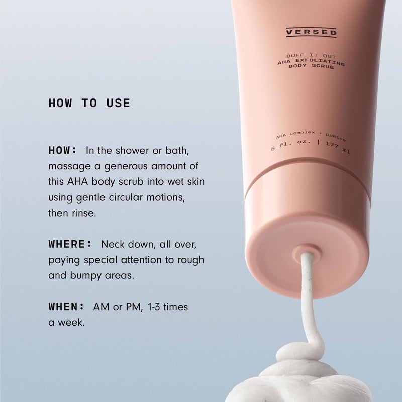 Versed Buff It Out AHA Exfoliating Body Scrub and Mask - Lactic Acid & Glycolic Acid Exfoliant - Microfine Pumice Body Exfoliator to Polish and Smooth Bumpy, Dry Skin - Vegan & Cruelty-Free (6 oz) - Image 3