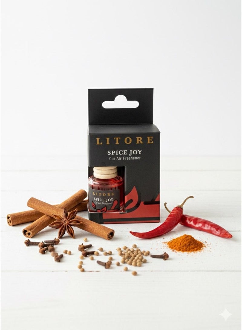 Litore Car Air Freshener 8 ml | Long-Lasting Hanging Diffuser with Essential Oils | Car Perfume for Odor Removal | Elegant Glass Bottle & Wooden Cap Design (Spice Joy) - Image 1