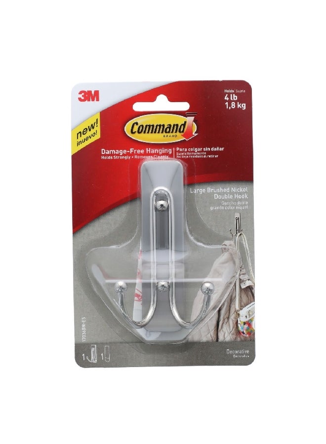 3M Command Large Brushed Nickel Double Hook Silver 1.8 kg 17036BN-ES - Image 1