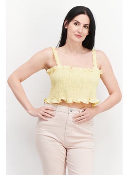 GLAMOROUS Women Square Neck Sleeveless Shirred Tank Top, Yellow  - Image 1