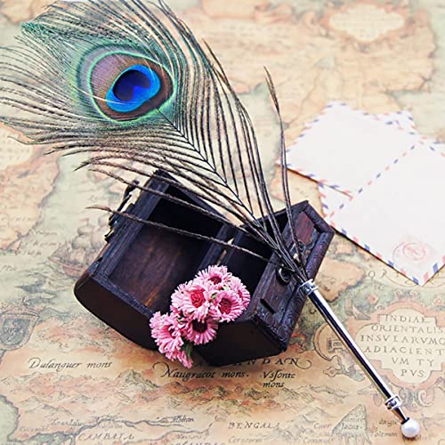 OPENDGO Peacock Feather Ballpoint Pen,Black Ink Vintage Feather Quill Refined Plated Rod Quill Ballpoint Pen For School Writing ▏Wedding Gift Signature Pen (1*Peacock Feather Pen) - Image 1