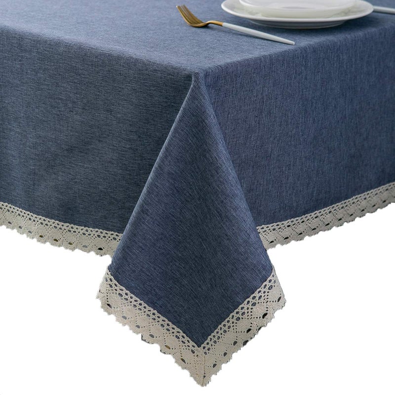 EHouseHome Faux Linen Tablecloth with Lace Trim WaterproofSpill ProofStain ResistantWrinkle FreeOil Proof for Banquet Parties DinnerWeddingHolidayDenim Blue Rectangle 60x102Inch