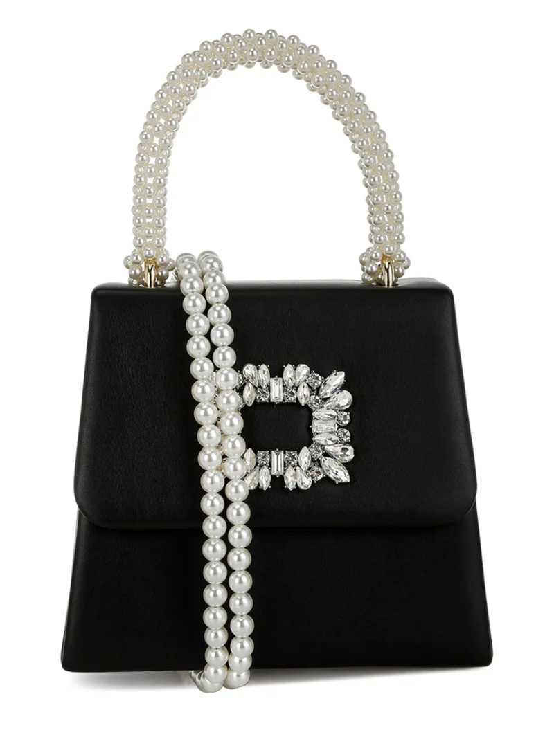London Rag Pearl Top-Handle Diamante Brooch Bag in Black