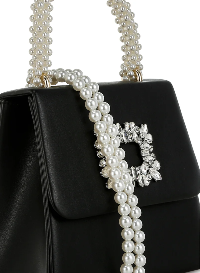 London Rag Pearl Top-Handle Diamante Brooch Bag in Black