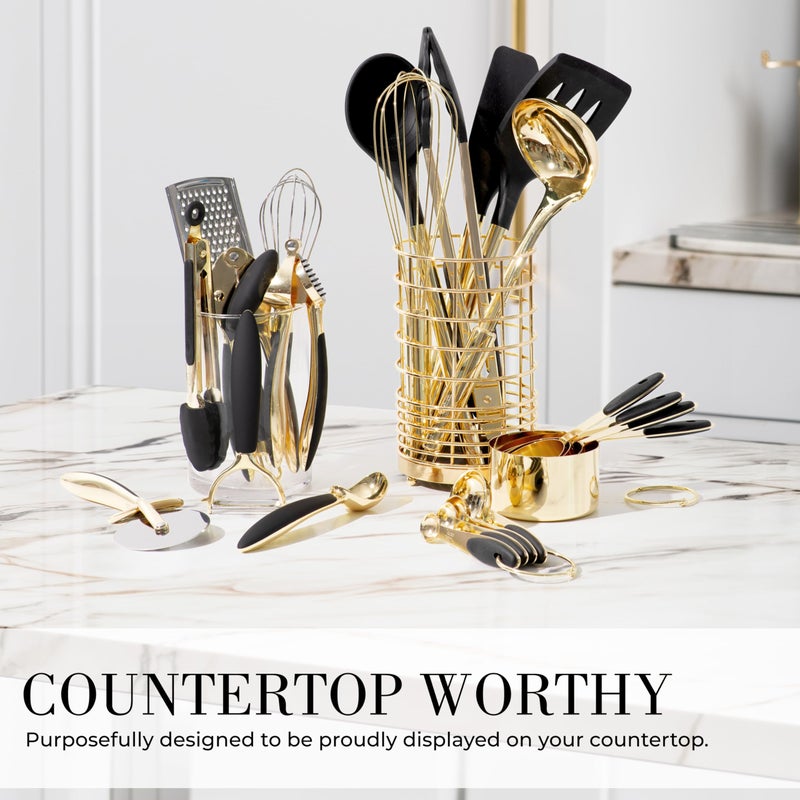 styled settings Black and Gold Kitchen Utensils Set - 23-Piece Luxury Kitchen Accessories Includes Gold Measuring Cups, Spoons, Silicone Cooking Utensils and Tools for Baking, Cooking, and Stylish Kitchen Decor - Image 3
