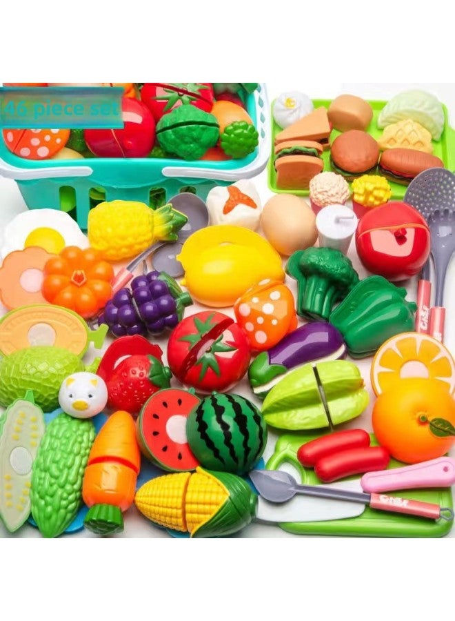 Children's Kitchen Toys Play House Girls Shopping Cart Vegetables Cut Watch Baby Cut Fruit Boys Group Music-Color:Chicele 46-piece Set  - Image 1
