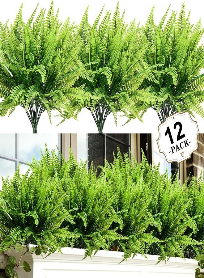 DVGUN 12 Bundles Artificial Plants Boston Fern Fake Bushes Artificial Shrubs Greenery Plastic Outdoor UV Resistant Faux Ferns - Image 1
