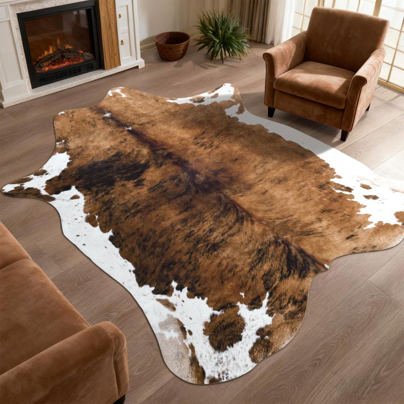 DweIke Faux Cowhide Print Rug for Living Room, 4.6 x 5.2 ft Brown Western Animal Cow Hide Rugs, Non Slip Cool Cow Skin Carpet for Bedroom Dining Room Farmhouse Entrance Home Decor, Brown - Image 1