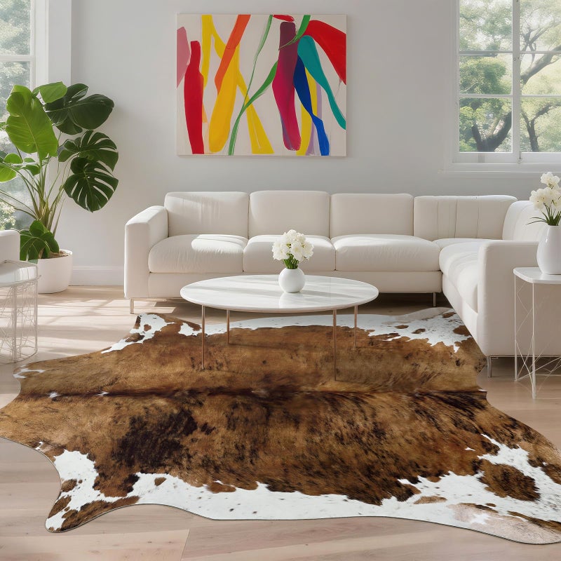 DweIke Faux Cowhide Print Rug for Living Room, 4.6 x 5.2 ft Brown Western Animal Cow Hide Rugs, Non Slip Cool Cow Skin Carpet for Bedroom Dining Room Farmhouse Entrance Home Decor, Brown - Image 2