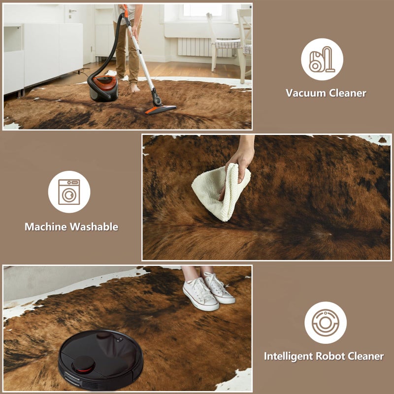 DweIke Faux Cowhide Print Rug for Living Room, 4.6 x 5.2 ft Brown Western Animal Cow Hide Rugs, Non Slip Cool Cow Skin Carpet for Bedroom Dining Room Farmhouse Entrance Home Decor, Brown - Image 5