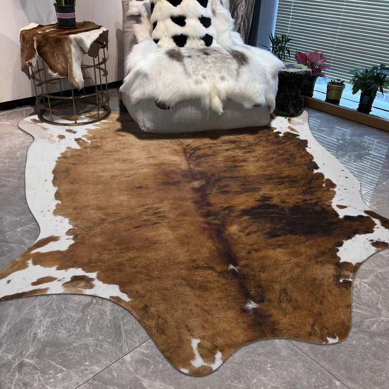DweIke Faux Cowhide Print Rug for Living Room, 4.6 x 5.2 ft Brown Western Animal Cow Hide Rugs, Non Slip Cool Cow Skin Carpet for Bedroom Dining Room Farmhouse Entrance Home Decor, Brown - Image 3