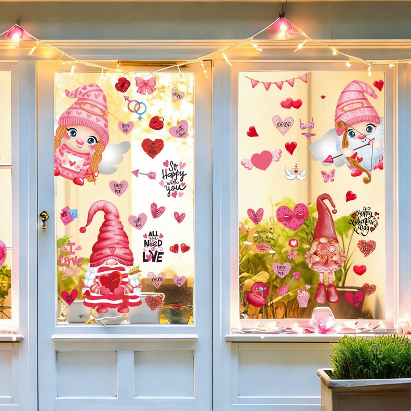 QOIUSO 9 Sheets Valentines Day Window Clings Decor: Double-Sided Gnome Window Stickers, Cute Heart & Love Static Cling Decals, Reusable Valentine Decorations for Home School Office Party and Store - Image 3