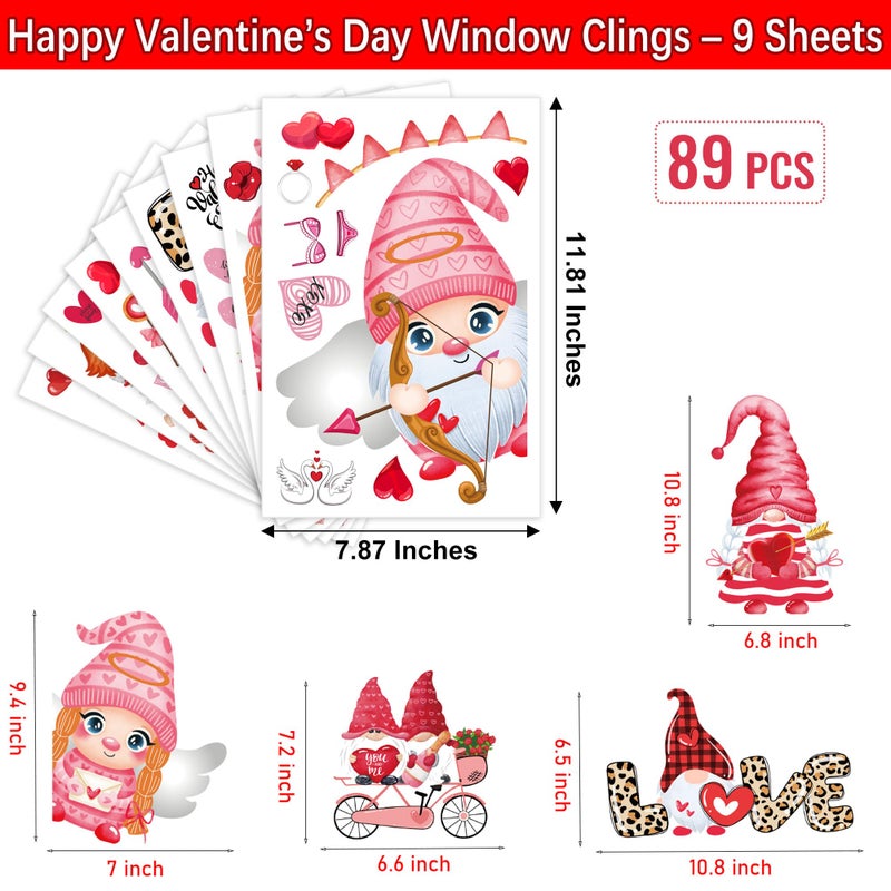 QOIUSO 9 Sheets Valentines Day Window Clings Decor: Double-Sided Gnome Window Stickers, Cute Heart & Love Static Cling Decals, Reusable Valentine Decorations for Home School Office Party and Store - Image 2