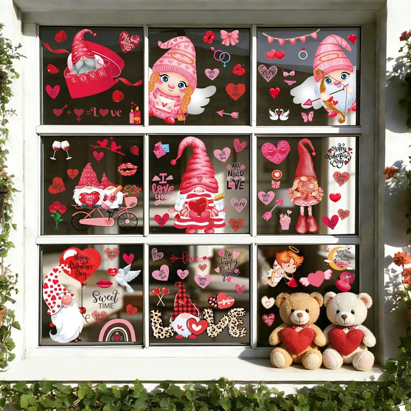 QOIUSO 9 Sheets Valentines Day Window Clings Decor: Double-Sided Gnome Window Stickers, Cute Heart & Love Static Cling Decals, Reusable Valentine Decorations for Home School Office Party and Store - Image 1