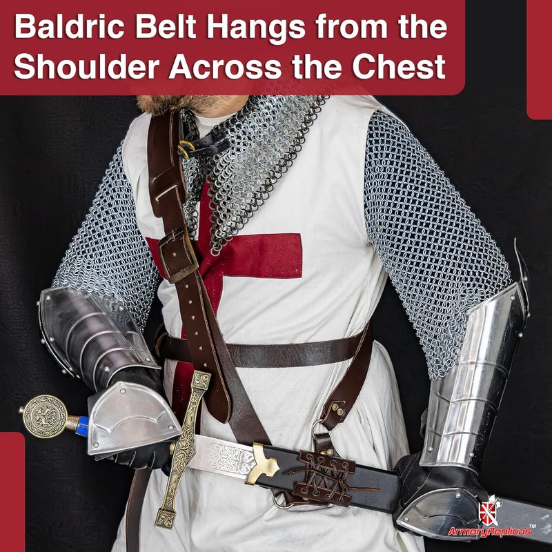 Armory Replicas ™ Genuine Leather Baldric Belt – Adjustable Shoulder Strap for Long Swords & Claymores with Brass Rivets and Buckles - Image 4